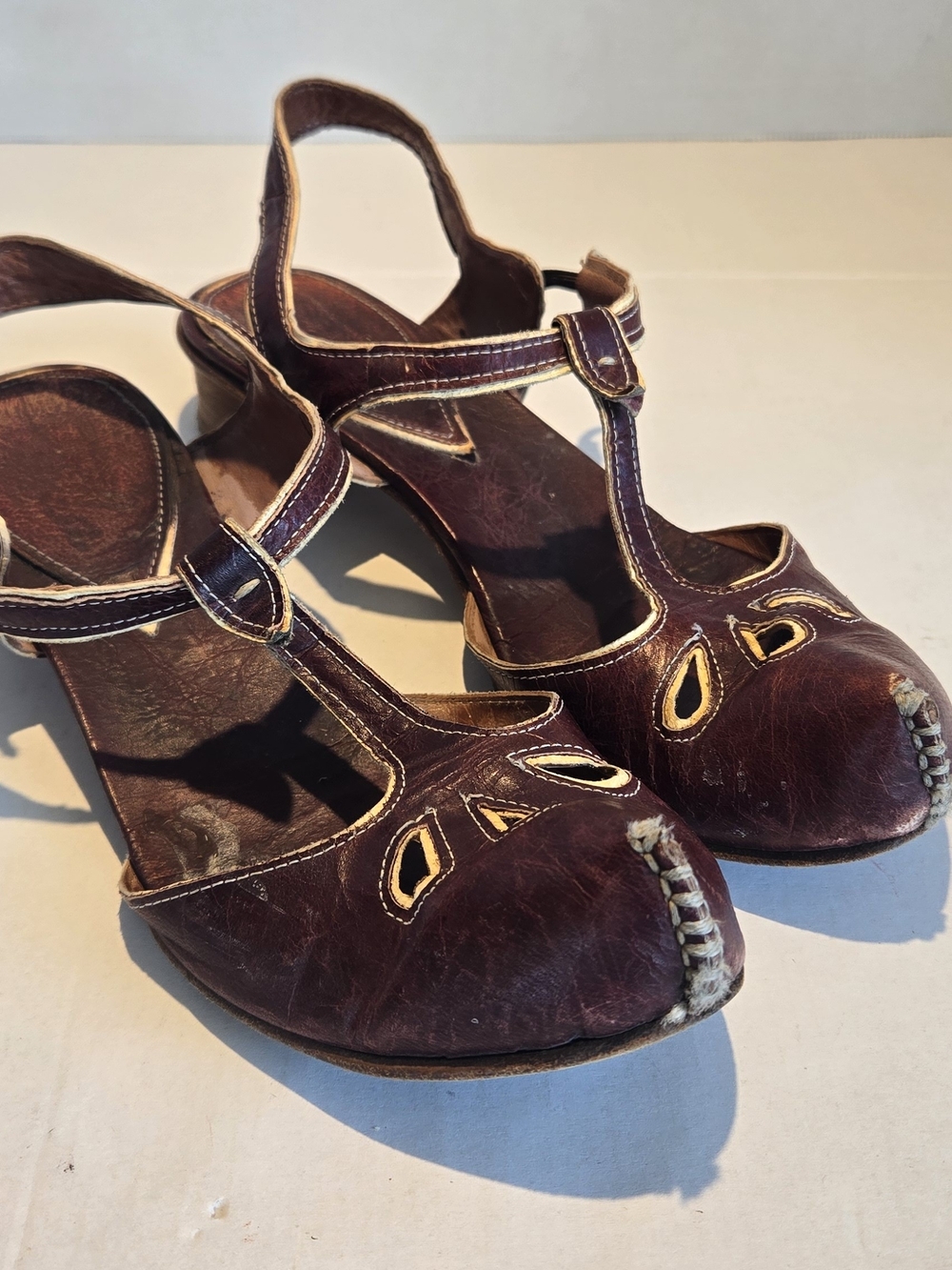 Vintage Style T-Strap Brown Leather Heels